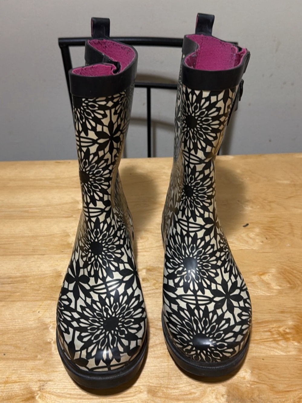 Capelli of New York Black and Cream Floral Rain Boots